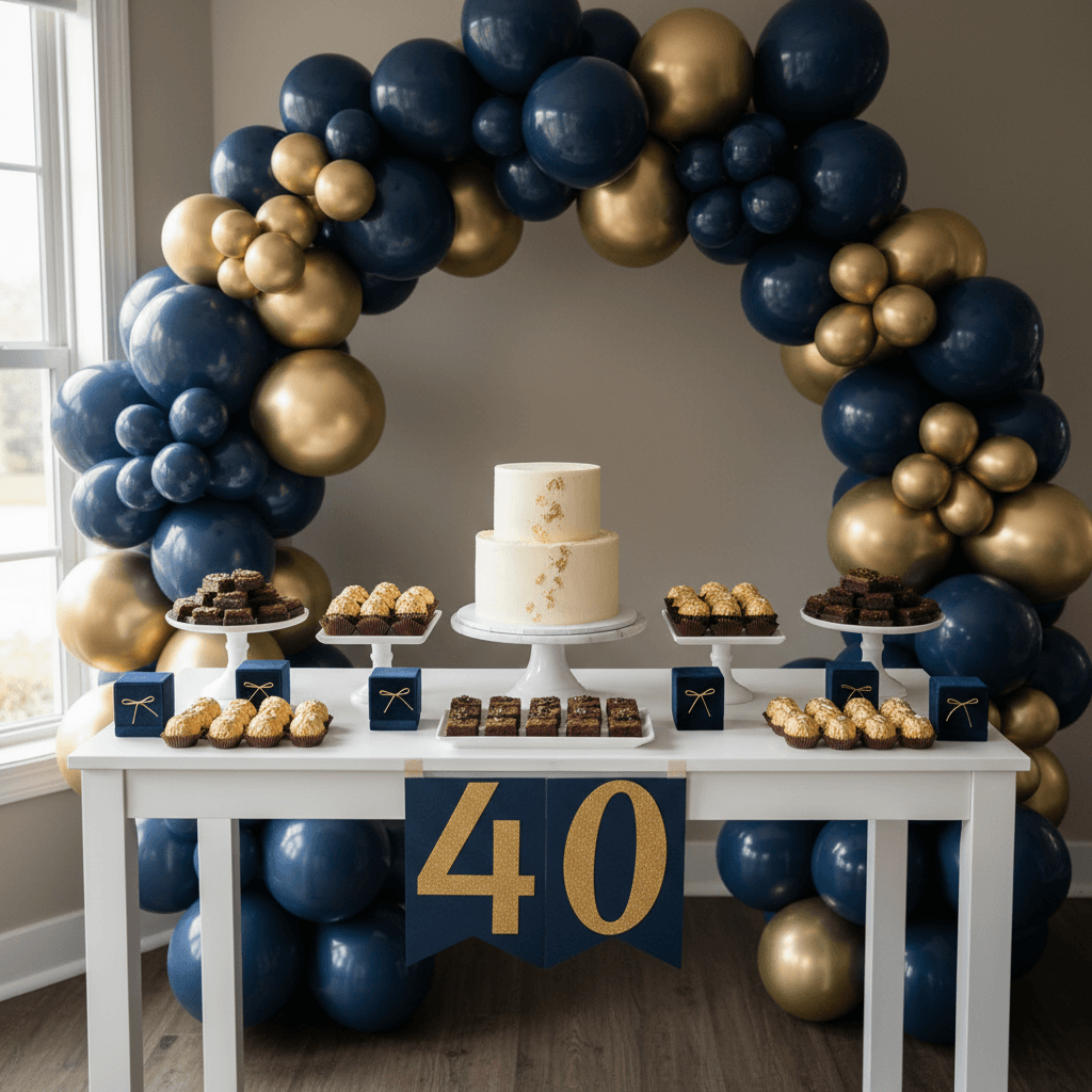 Milestone birthday dessert table with navy and gold balloon arch