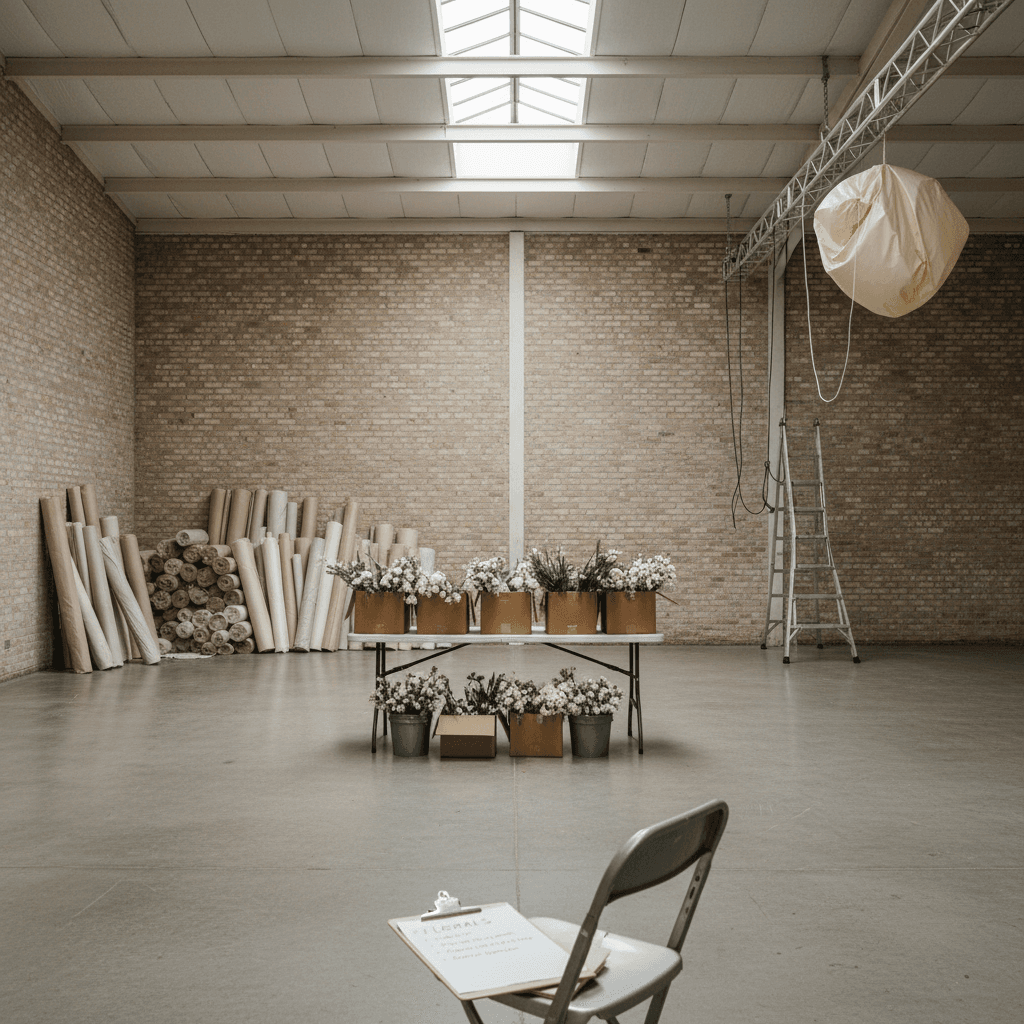 Event space mid-setup with floral and styling supplies before transformation