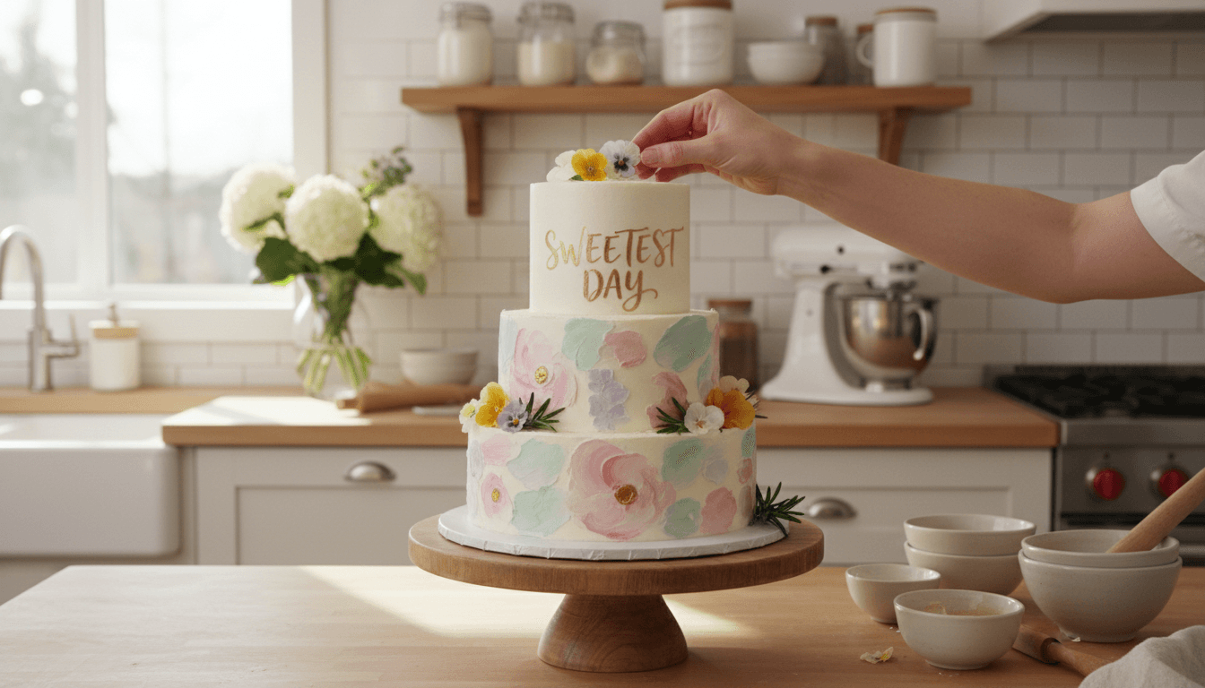 Beautifully decorated custom tiered cake with hand-painted florals and calligraphy on rustic stand in sunlit home kitchen